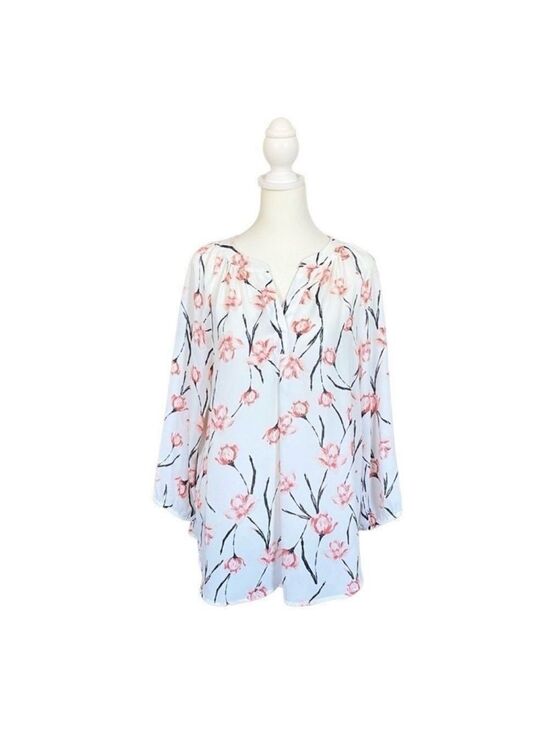 Ivanka Trump Tops - Ivanka Trump Sheer Floral White & Pink Long Sleeve V-Neck Flowy Blouse Sz Small